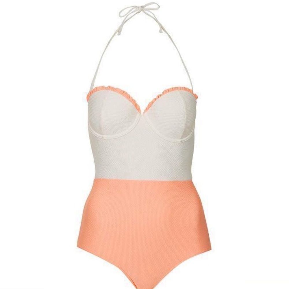 NWOT Topshop White and Peach Scalloped Maillot One Piece Swimsuit US 6